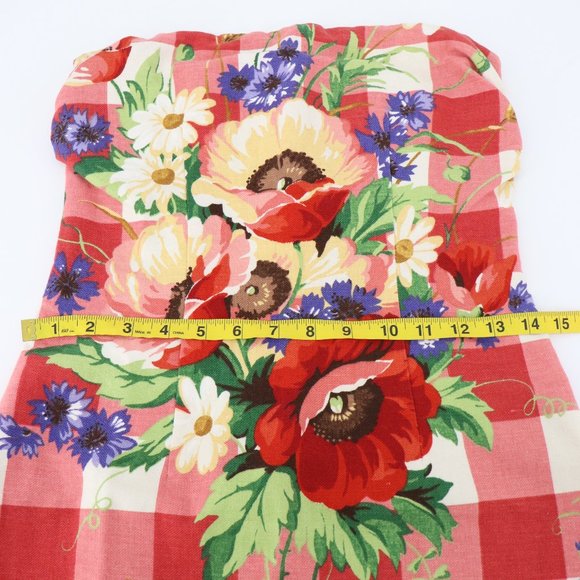 SOLD - Vintage Mica Red Gingham Floral Strapless Mini Dress Cotton/Linen/Silk - Picture 11 of 15